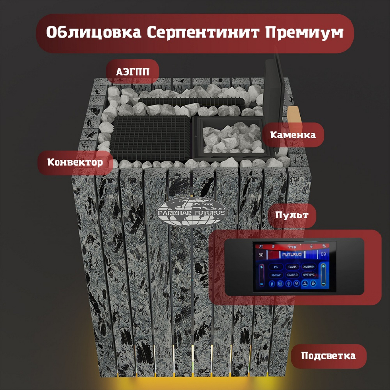 Электрическая печь «ПАРиЖАР Футурус» 12 кВт Серпентит премиум